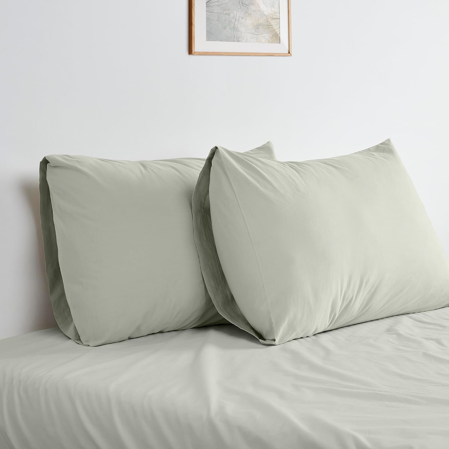 Bioweaves 100% Organic Washed Cotton Percale Weave Pillow Cases Standard Size GOTS Certified Queen Pillow Covers, Envelope Closure – Set of 2, Sage
