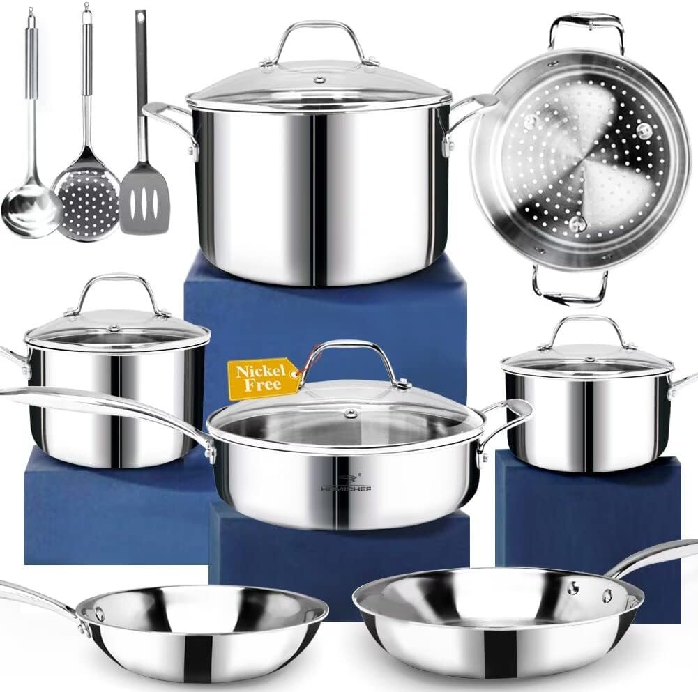 HOMICHEF 14-Piece Nickel Free Stainless Steel Cookware Set Whole-Clad 3-Ply – Mirror Polished Pots And Pans Set – Healthy Cookware Set With Steamer – Non-Toxic Induction Cookware Sets