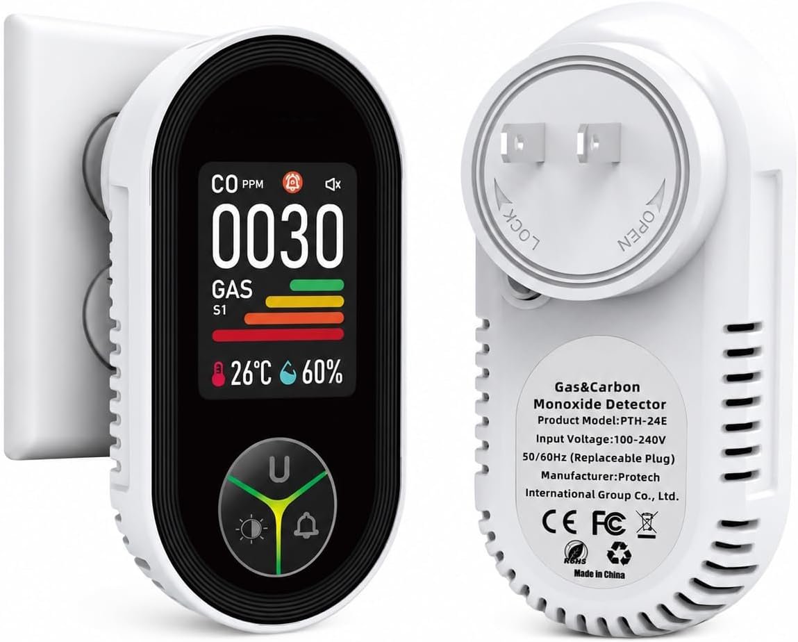 4 in 1 Gas Leak Detector, Plug-in Portable Gas Detector with Real-Time PPM Monitoring, Temperature & Humidity Display, Audible & Visual Alarm for Home, RV, Kitchen, Camper