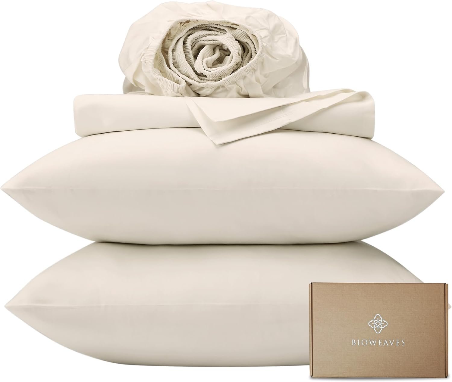 BIOWEAVES 100% Organic Cotton Sheets, 300 Thread Count 4-Piece GOTS Certified Bed Sheet Set Fits Mattress Upto 17″ Deep Pocket, Soft & Silky Sateen Weave (Queen, Undyed Natural)