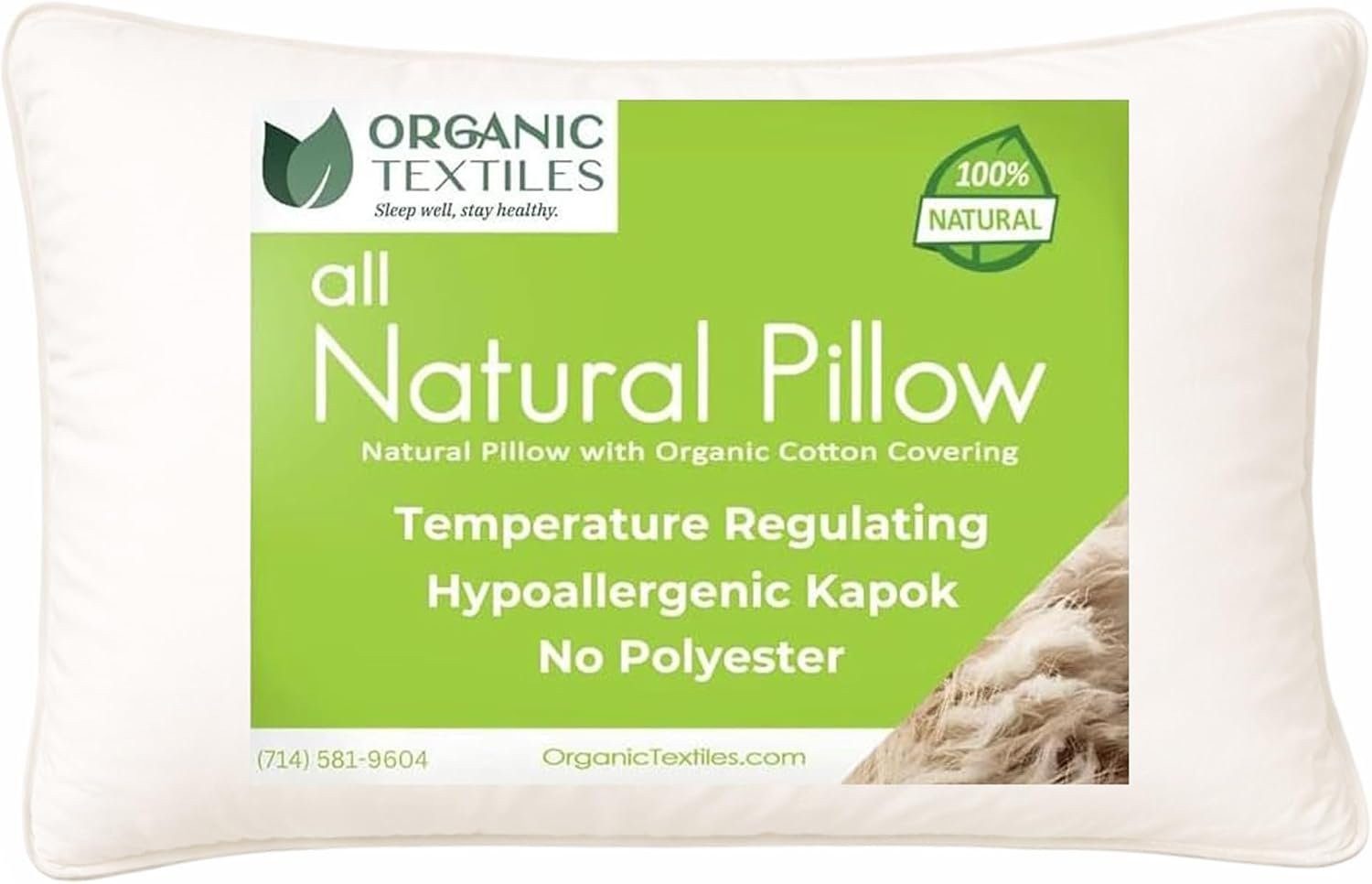 ORGANIC TEXTILES Natural Kapok Pillow with Organic Cotton Cover, (Travel Size), GOTS Certified, Adjustable Loft, Cooling and Breathable, Easy Care, Neck Support