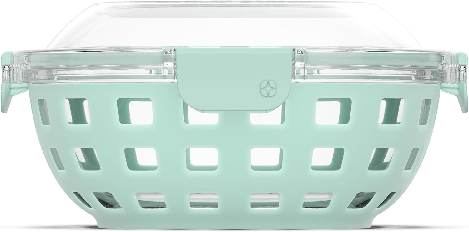 Ello DuraGlass Food Storage Glass Lunch Bowl – Meal Prep Container with Silicone Sleeve and Airtight Lid, 5 Cup, Yucca