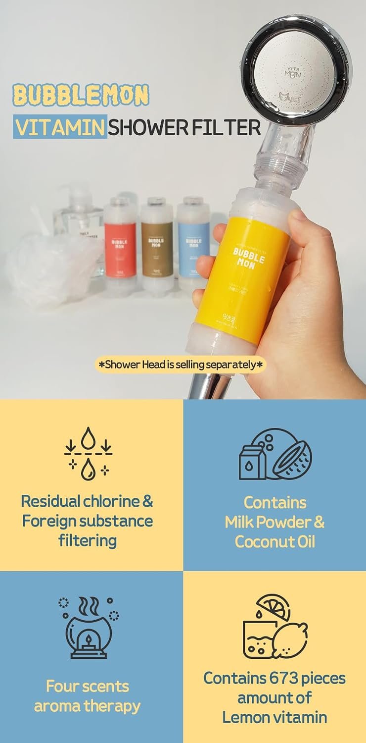 [Compatible for Any Shower Head] BUBBLEMON Vitamin C Shower Filter,Rose Scent,Made in Korea,Hard Water Softer,Chlorine Reduction,Aroma Therapy,Shower Head Filter for Skin and Hair,Easy Installation