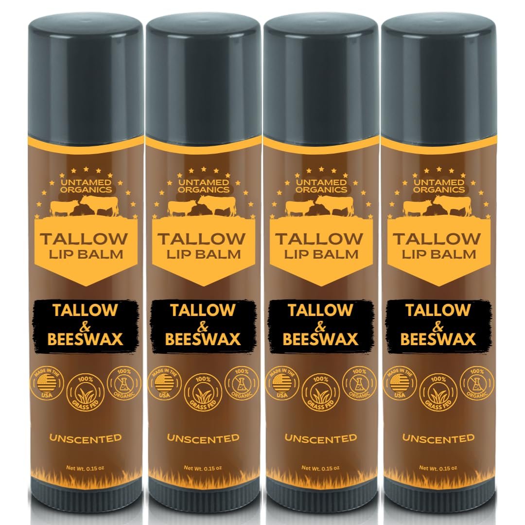 Untamed Organics Pure Tallow Lip Balm | 100% Grass-Fed Beef Tallow and Organic Beeswax | Moisturizing Lip Care for Dry, Chapped Lips | Hypoallergenic, Fragrance-Free | Handcrafted in USA | 4-Pack