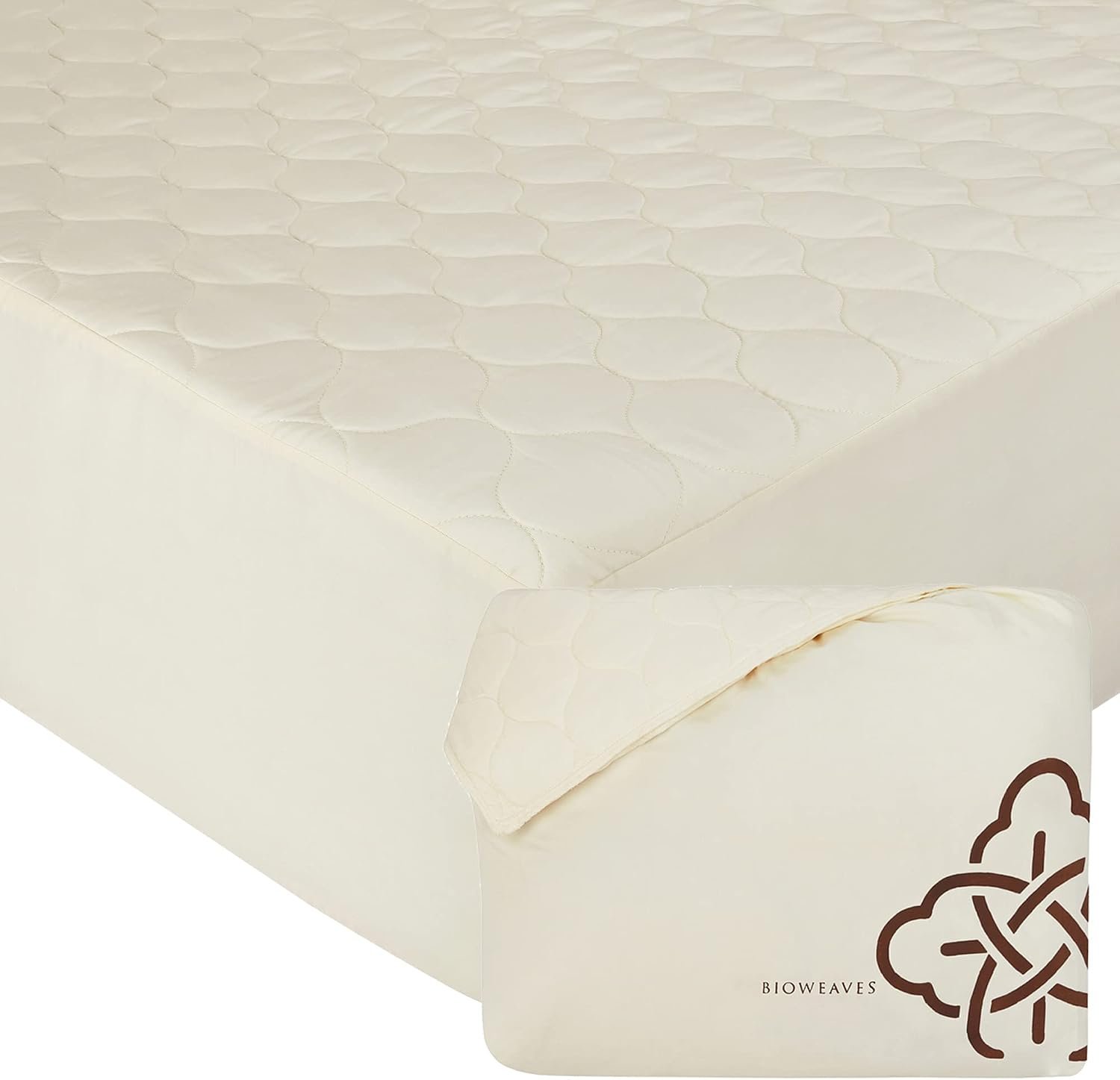 Bioweaves 100% Organic Cotton Mattress Pad Cover, GOTS Certified Cooling Quilted Fitted Mattress Topper & Protector with Soft Cotton Wadding – 20 Inch Deep Pocket, Full