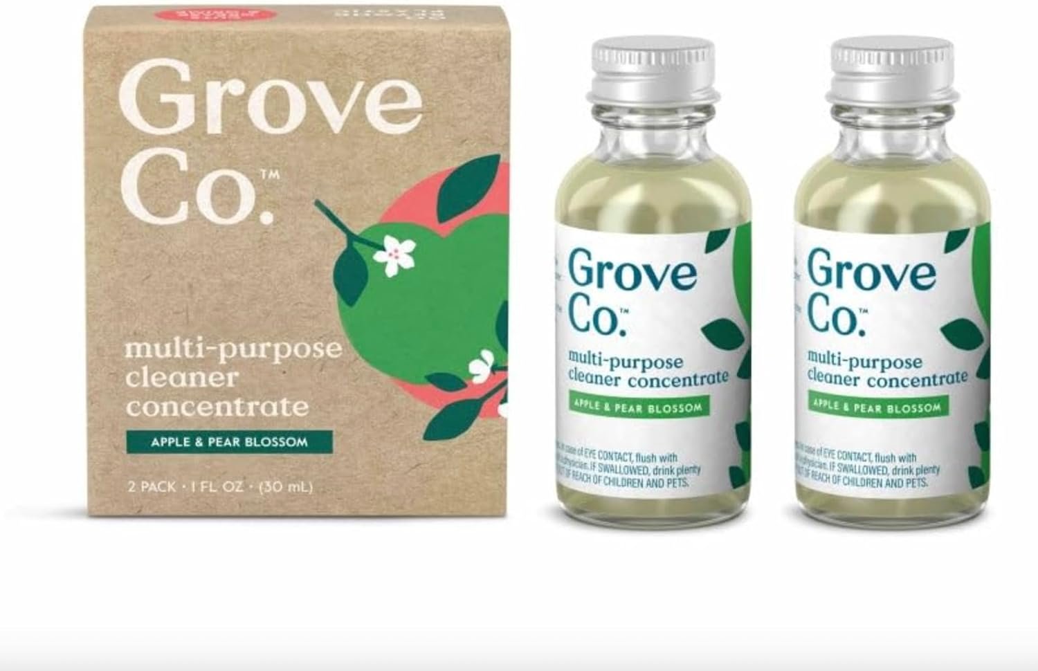 Grove Co. Multi-Purpose Cleaner Concentrate (2-Pack, 1oz each) – 2x Grease Cutting All-Purpose Surface Spray Refill – 92% Plant-Based, Apple & Pear Blossom, Recyclable Glass