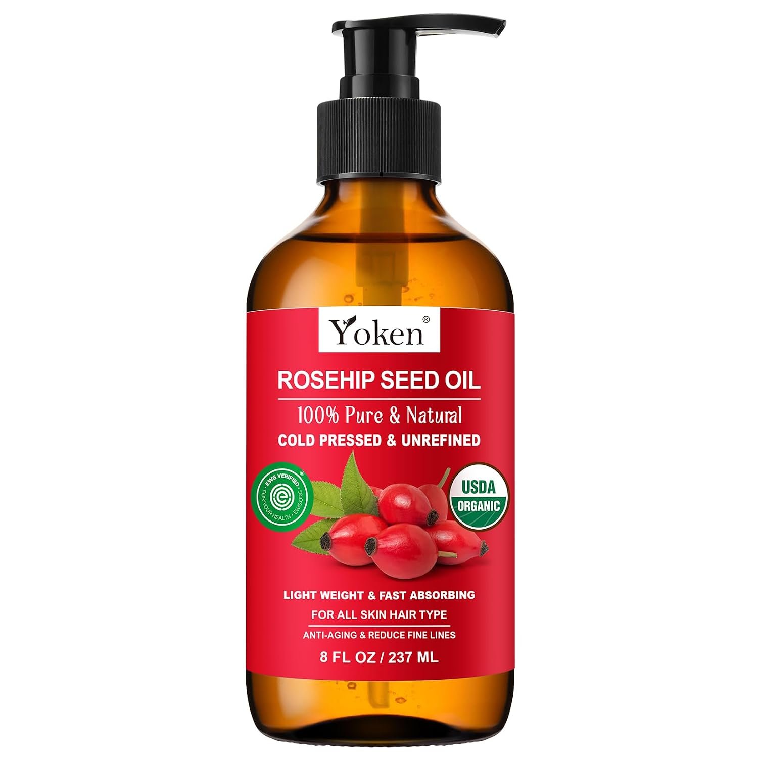 Yoken Organic Rosehip Seed Oil 8oz, Cold Pressed Carrier Oil, Glass Bottle
