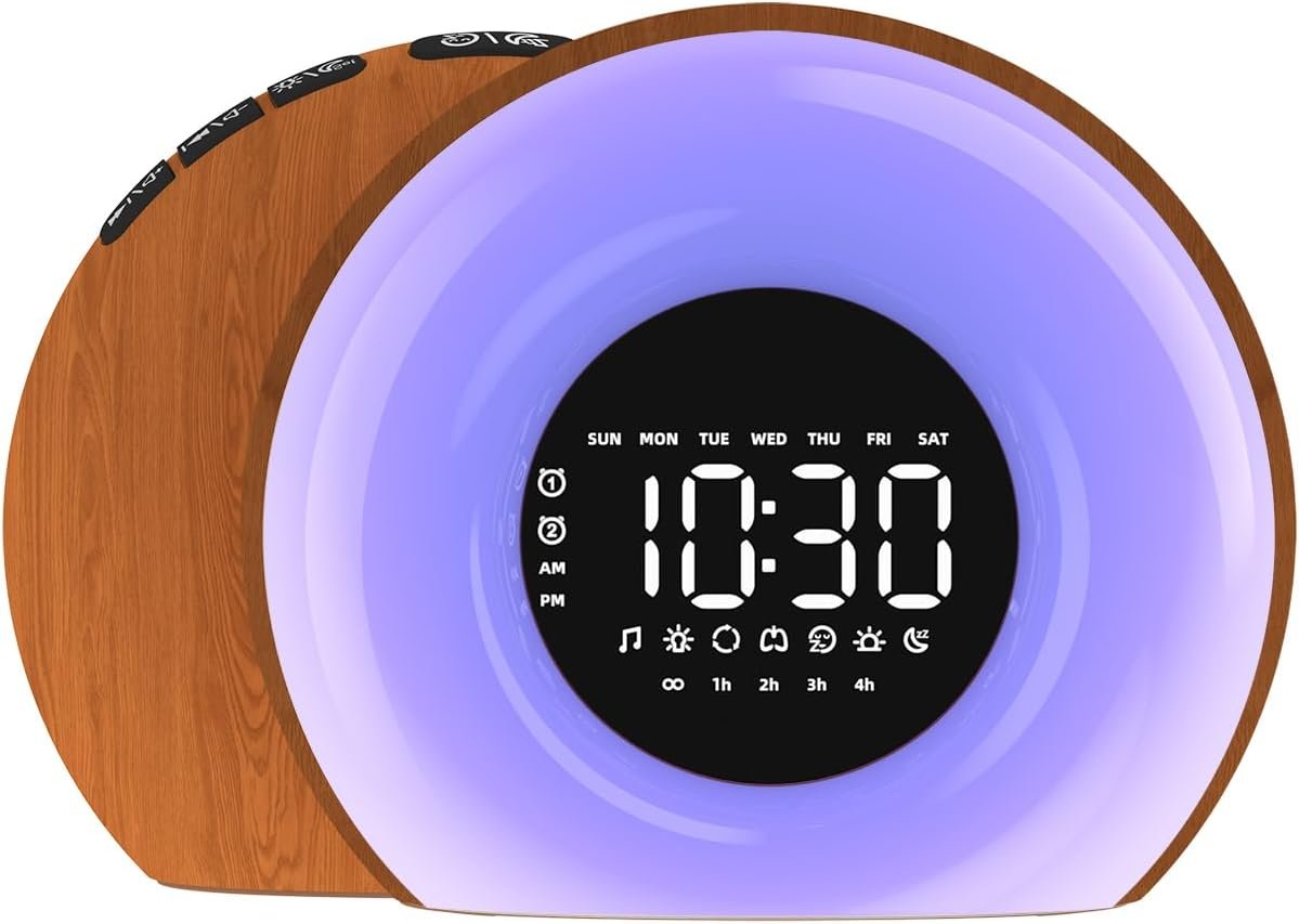 Wake Up Light Sunrise Alarm Clock for Bedroom Sunrise Sunset Simulation 23 Natural Sounds 13 Colors Night Light Dual Alarms and Snooze Sleep Aid for Heavy Sleepers Kids Adults (Wood Grain)