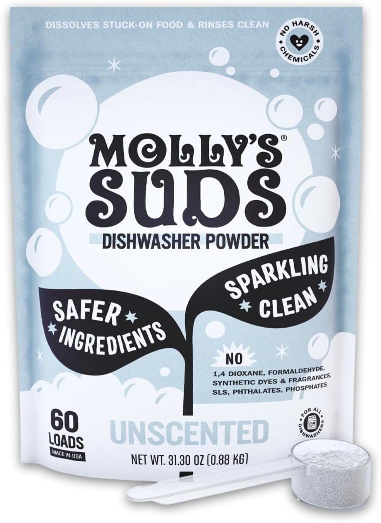 Molly’s Suds Dishwasher Powder | Clean Dishwasher Detergent, Cuts Grease & Rinses Clean (Residue-Free) for Sparkling Dishes | 60 Loads (Unscented)