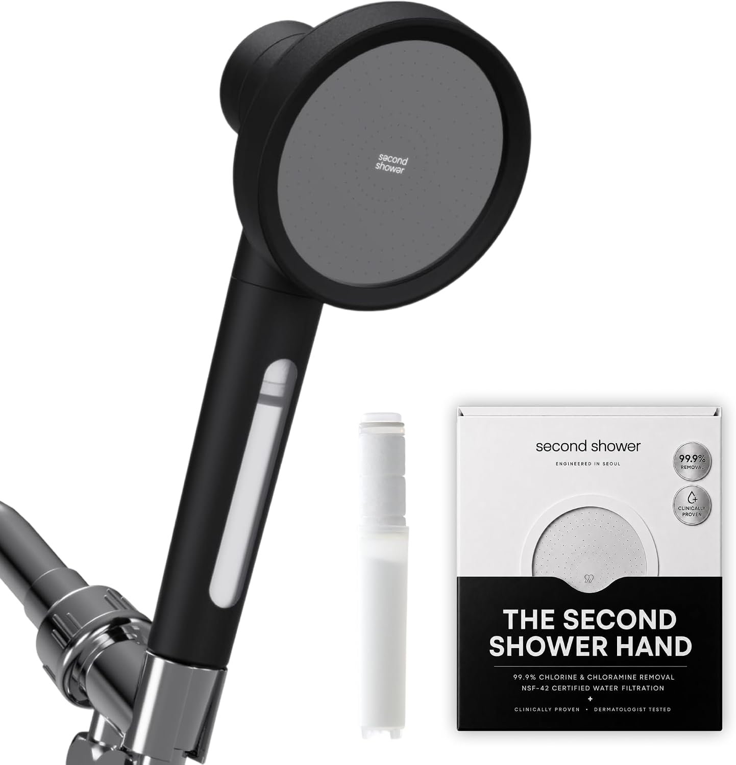 SecondShower Filtered Shower Head with Handheld for Hard Water – NSF Certified 99.9% Chlorine Removal, High Pressure, Korean Vitamin C Filter for Soft Skin & Hair (Matte Black)
