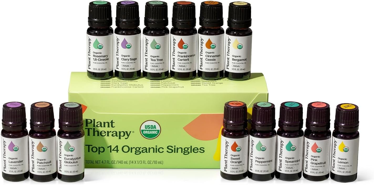 Plant Therapy Top 14 Organic Essential Oil Singles Set 100% Pure Essential Oils, Undiluted, Natural Aromatherapy for Diffusion and Body Care 10 mL (1/3 oz) Each