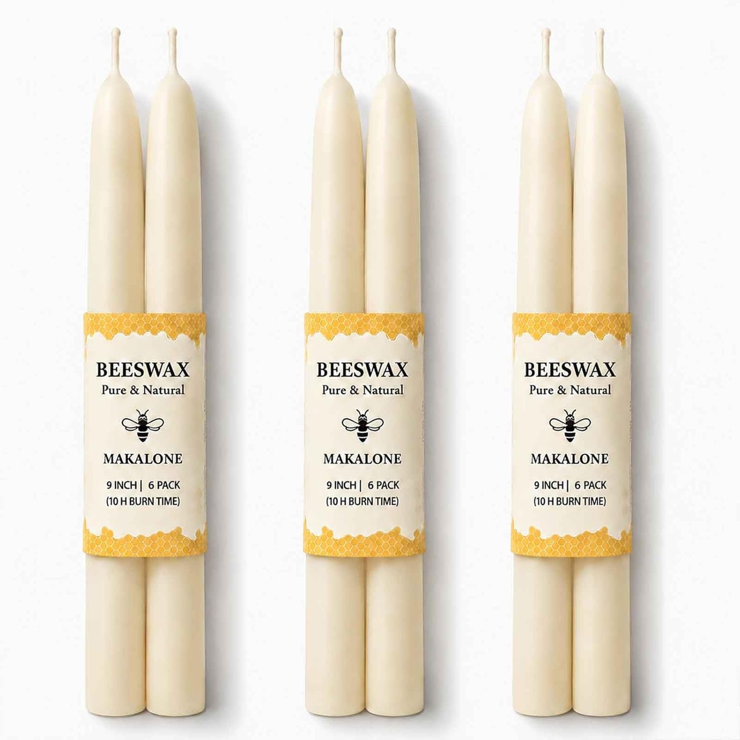 9 Inch Pure White Beeswax Taper Candles, 6 Pack, Non-Toxic, Up to 10 Hours