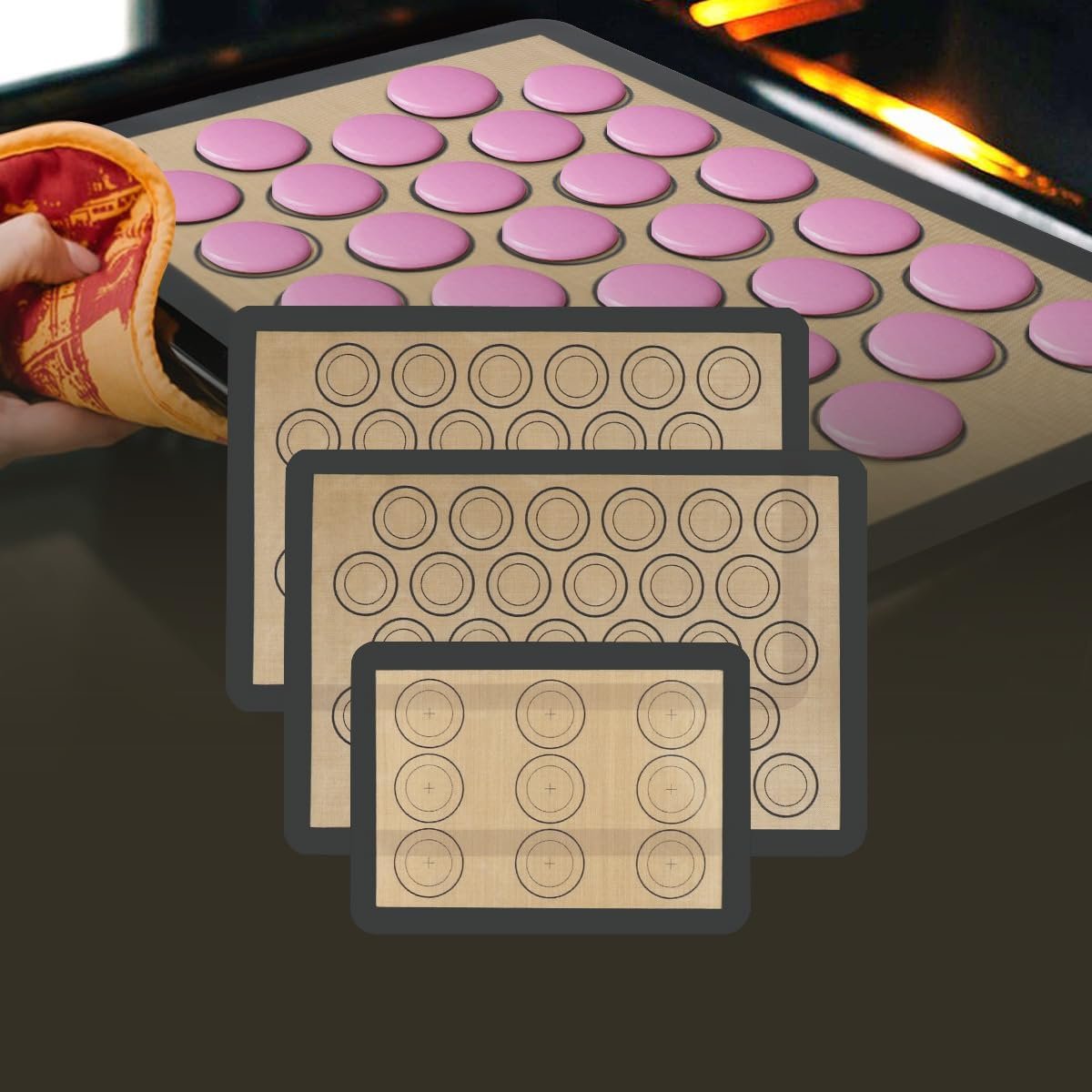 Silicone Baking Mat Macaron – Set of 3 (2 Half Sheet Liners and 1 Quarter Sheet), Non Stick Silicon Cookie Oven Liner For Macaroons, Bake Pans, Pizza, Toaster, Cake and Bread Making (Gray)