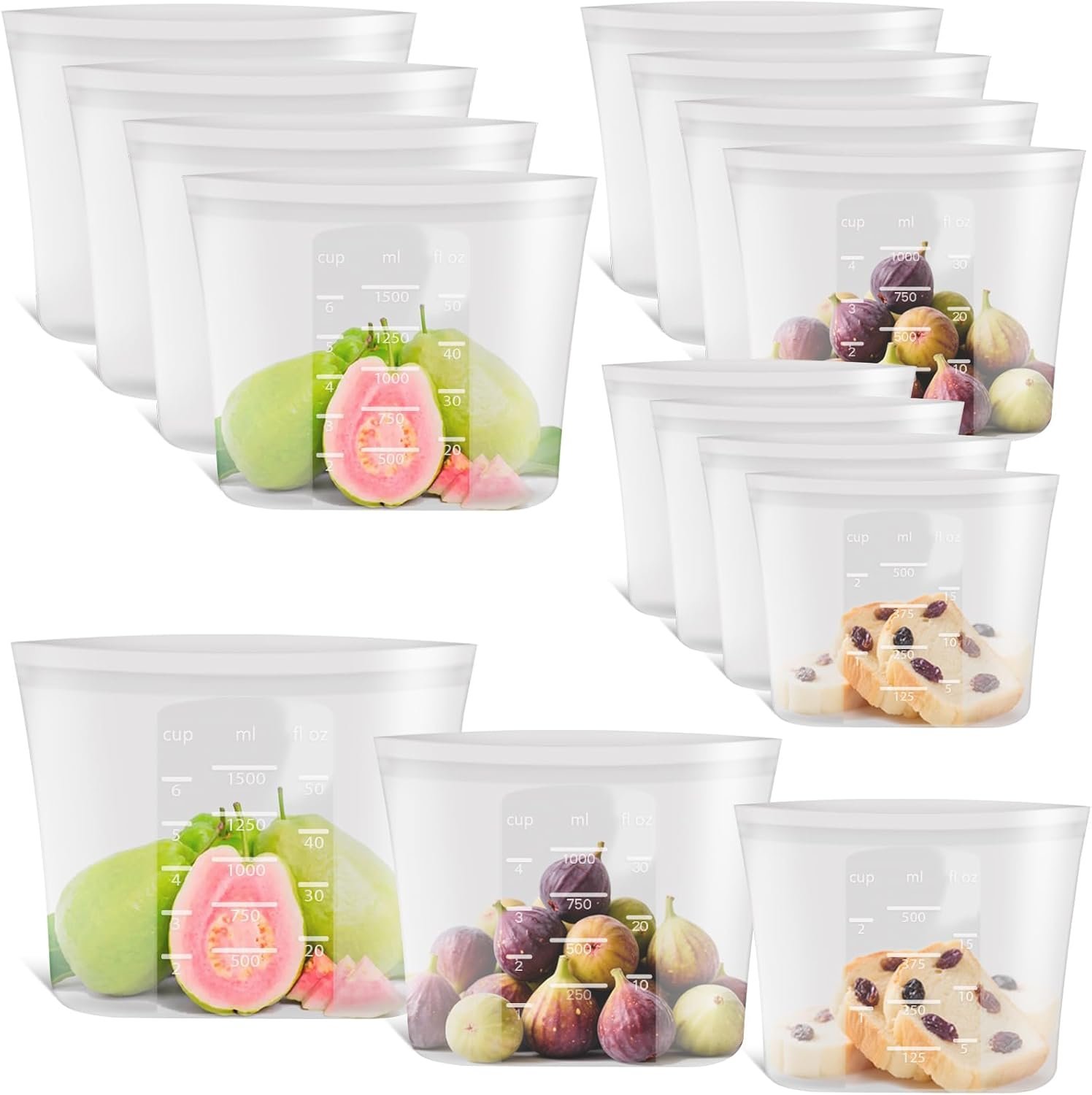 12-Pack Platinum Silicone Reusable Storage Bags, 100% Premium Silicone Stand-Up Wide-Open Zip-Lock Reusable Storage Bags for Food, Freezer Microwave Oven Dishwasher Safe, Crystal-Clear, 4M 4S 4XS