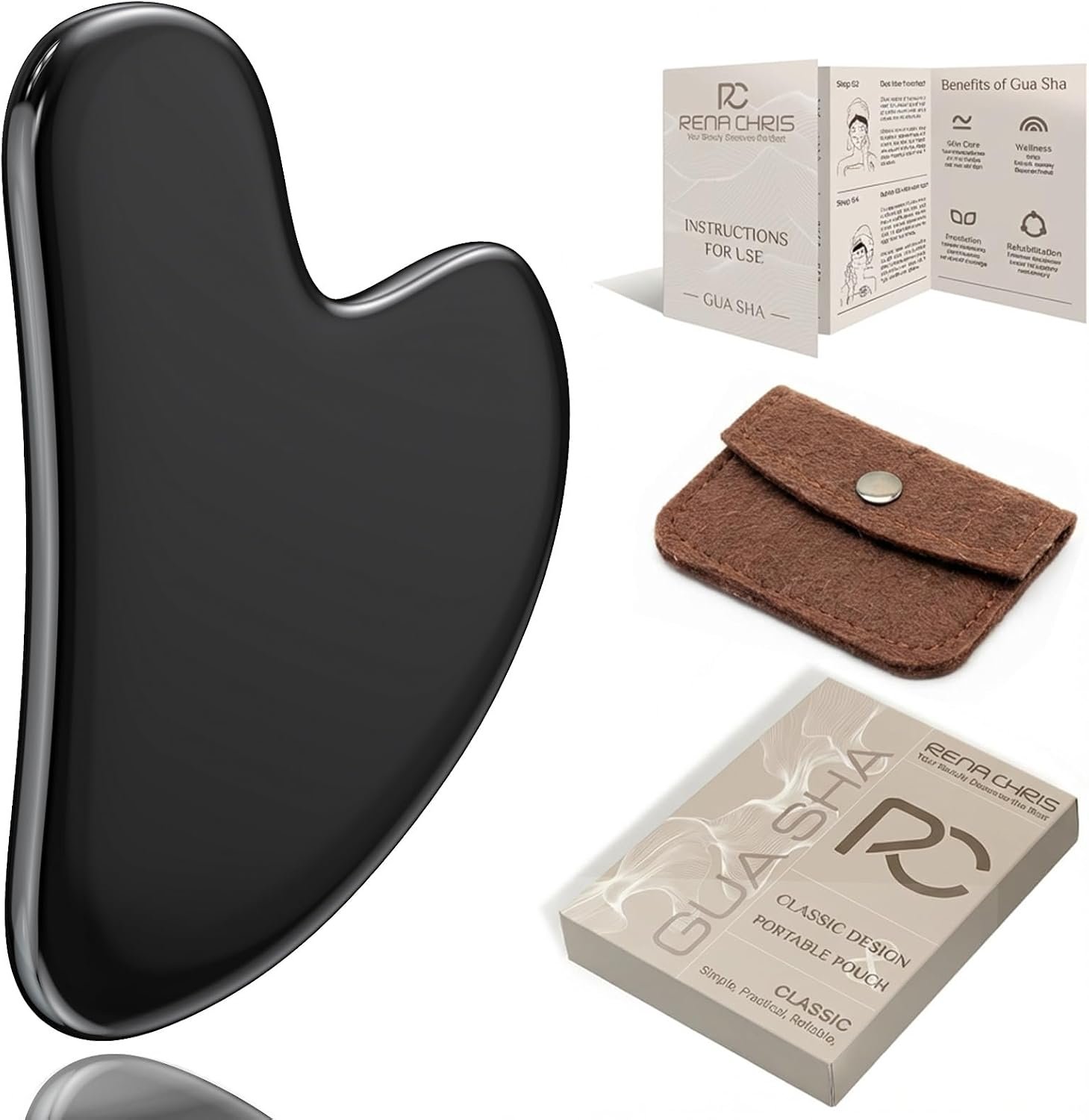Rena Chris Gua Sha Facial Tools, Stainless Steel Guasha – Metallic Black