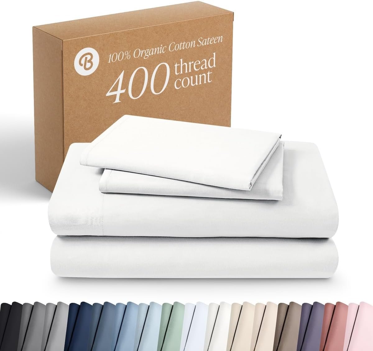 Bare Home 100% Organic Cotton Sateen Sheet Set (Queen, White)