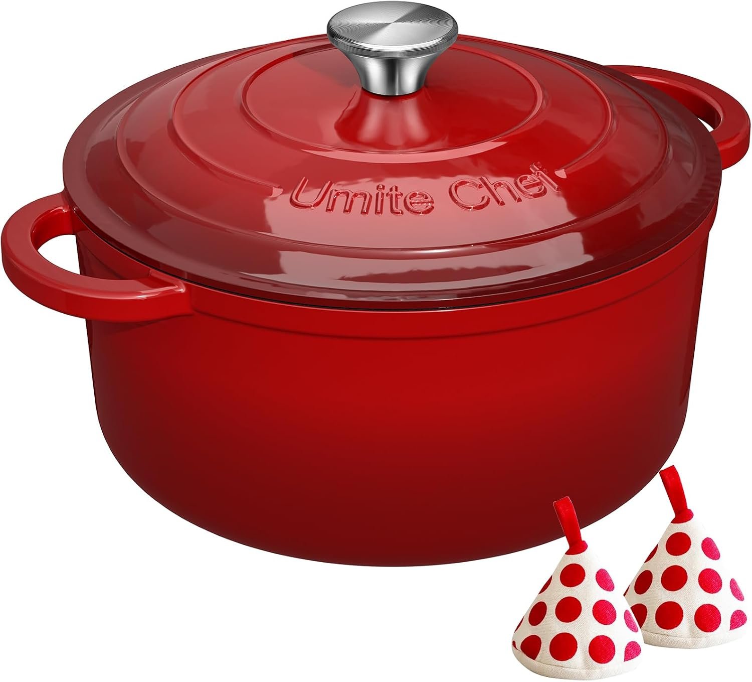 Enameled Cast Iron Dutch Oven – Umite Chef 5QT Pot with Lid & Cotton Potholders – Heavy-Duty Cookware for Bread Baking, Braising, Stews, Roasting(Red)