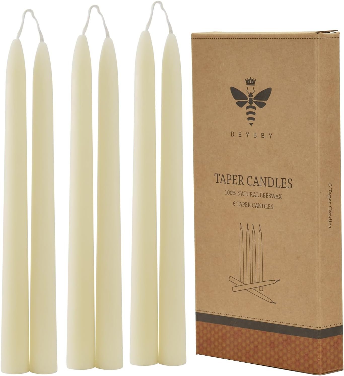 DEYBBY 10 inch Natural White Beeswax Taper Candles Set of 6, Smokeless and Dripless Pure Organic Beeswax Candles Bulk for Anniversary Wedding Dinner Home Decor Emergency Housewarming Gift, 8-9Hrs Burn