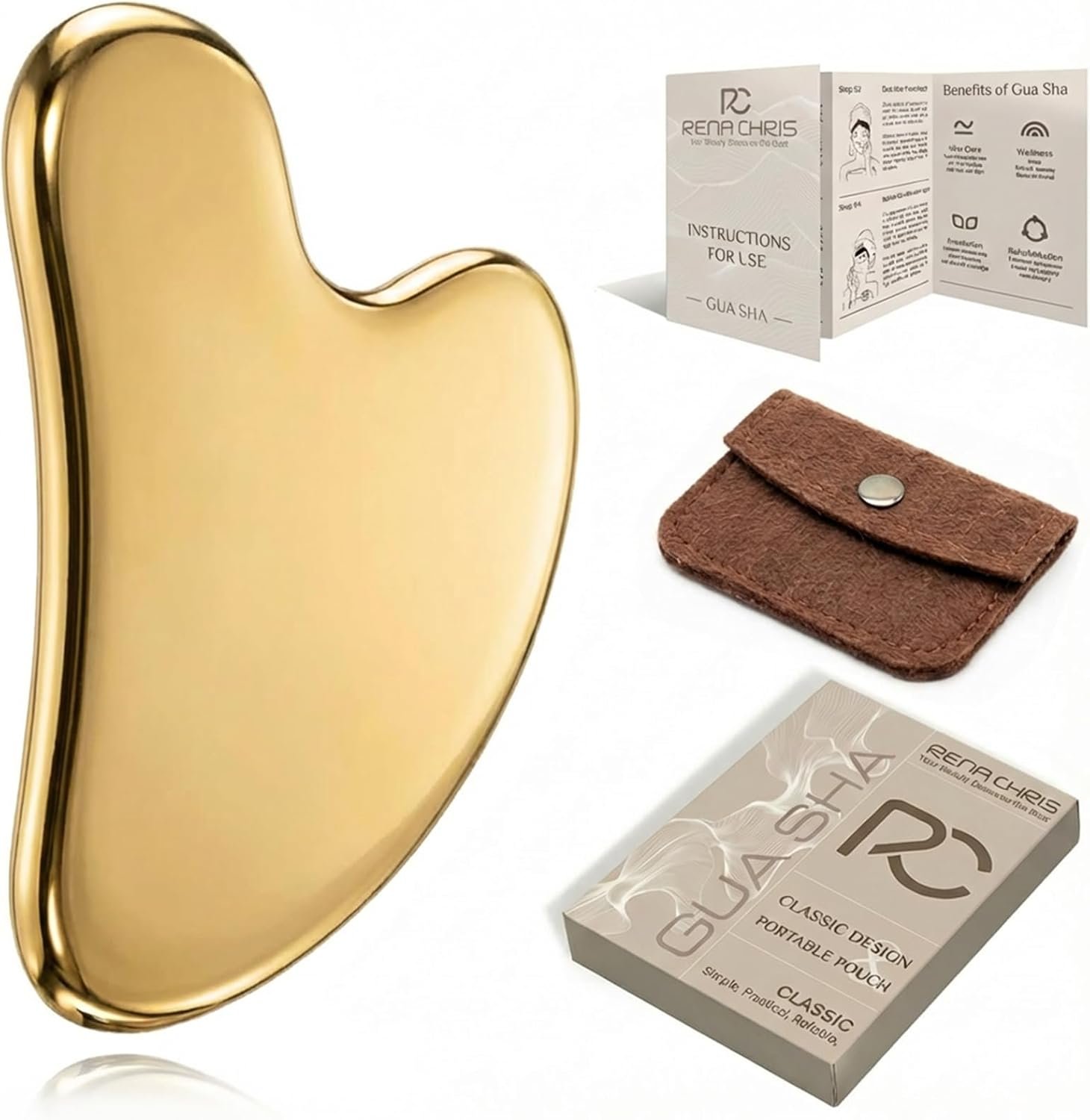 Rena Chris Gua Sha Facial Tools, Stainless Steel Guasha Tool -Golden
