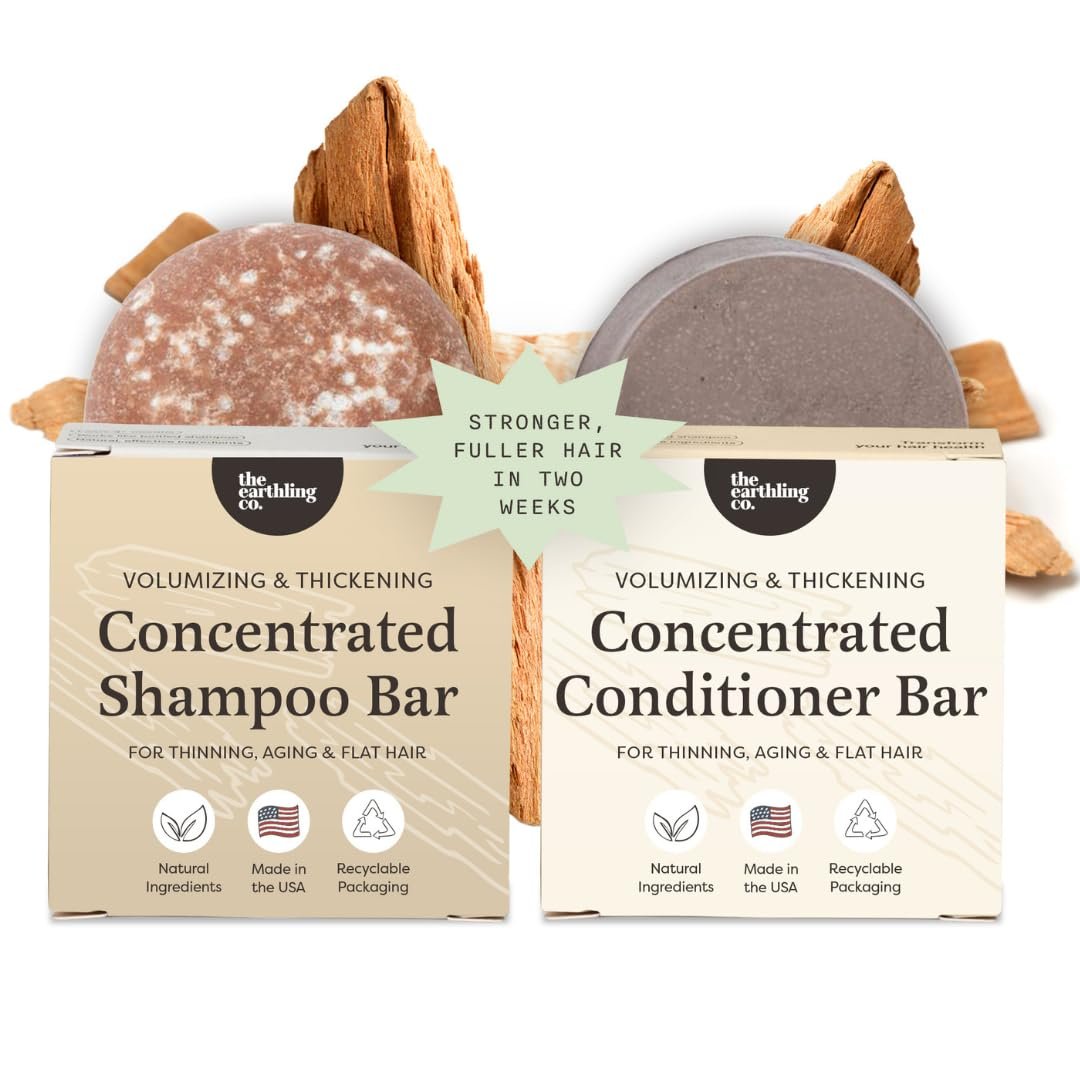The Earthling Co Volumizing Shampoo & Conditioner Bar Set For Thickening, Fullness, Strength, and Growth – Sulfate, SIlicone, Paraben Free for Thin, Flat, Fine Hair – Made in USA (Sweet Sandalwood)