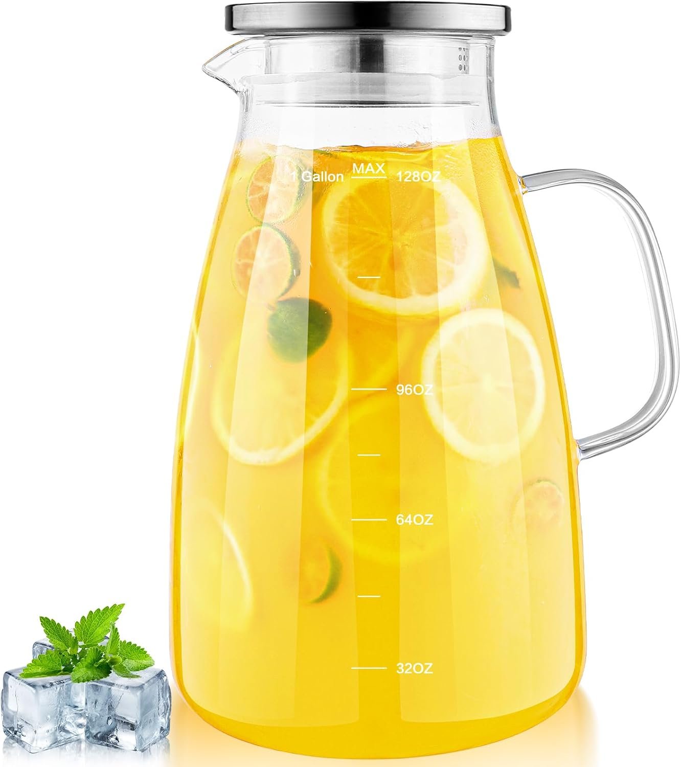 Aofmee Glass Pitcher with Lid and Handle, Glass Water Pitchers, 1 Gallon