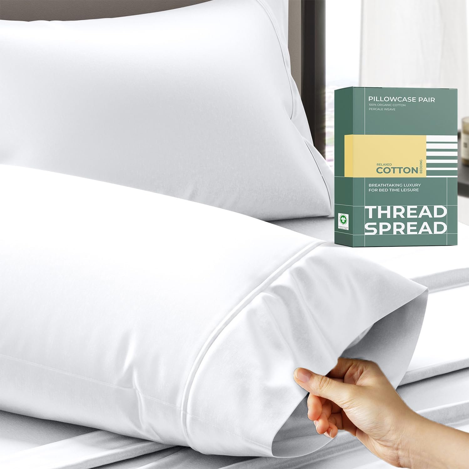 THREAD SPREAD 100% Organic Cotton Pillow Cases Standard Size – Natural Cotton Pillow Cases Queen Size Set of 2 (White), Soft, Cooling, Crisp & Breathable Percale Weave Pillowcase, GOTS Certified
