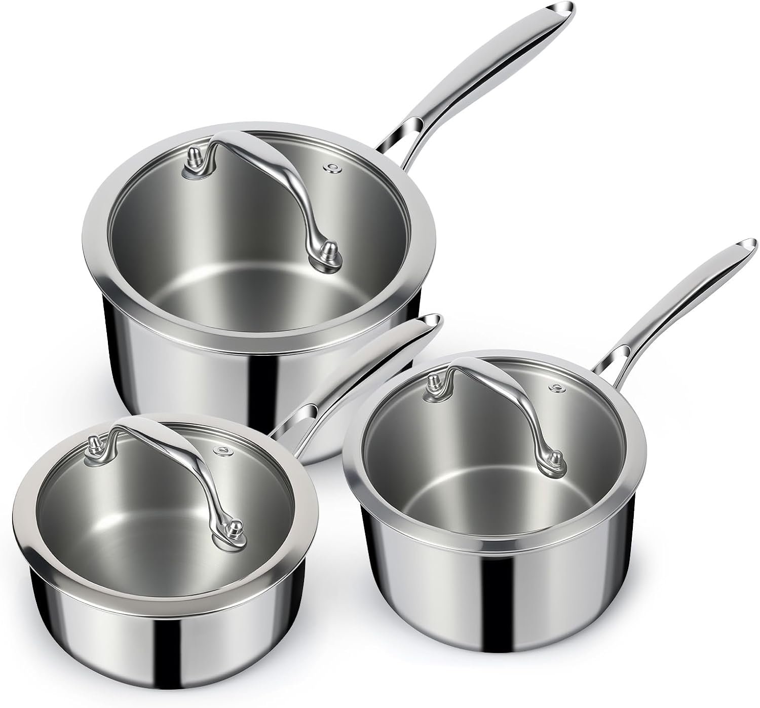 EWFEN 3 Ply Stainless Steel Sauce Pan Set with Lids, 1 & 2 & 3 Quart Multipurpose Cooking Pot, Stay-Cool Handle, Induction Oven Dishwasher Safe, 1QT & 2QT & 3QT