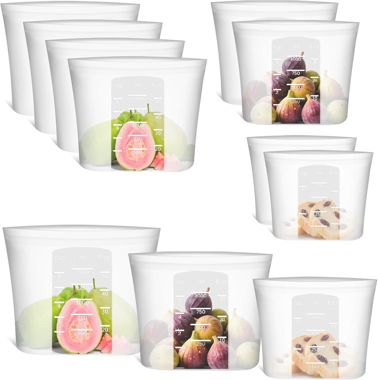 8-Pack Reusable Silicone Food Storage Bags, 100% Silicone Stand-Up Wide-Open Zip-Lock Reusable Storage Bags for Food, Freezer Microwave Oven Dishwasher Safe, Translucent, 4M 2S 2XS