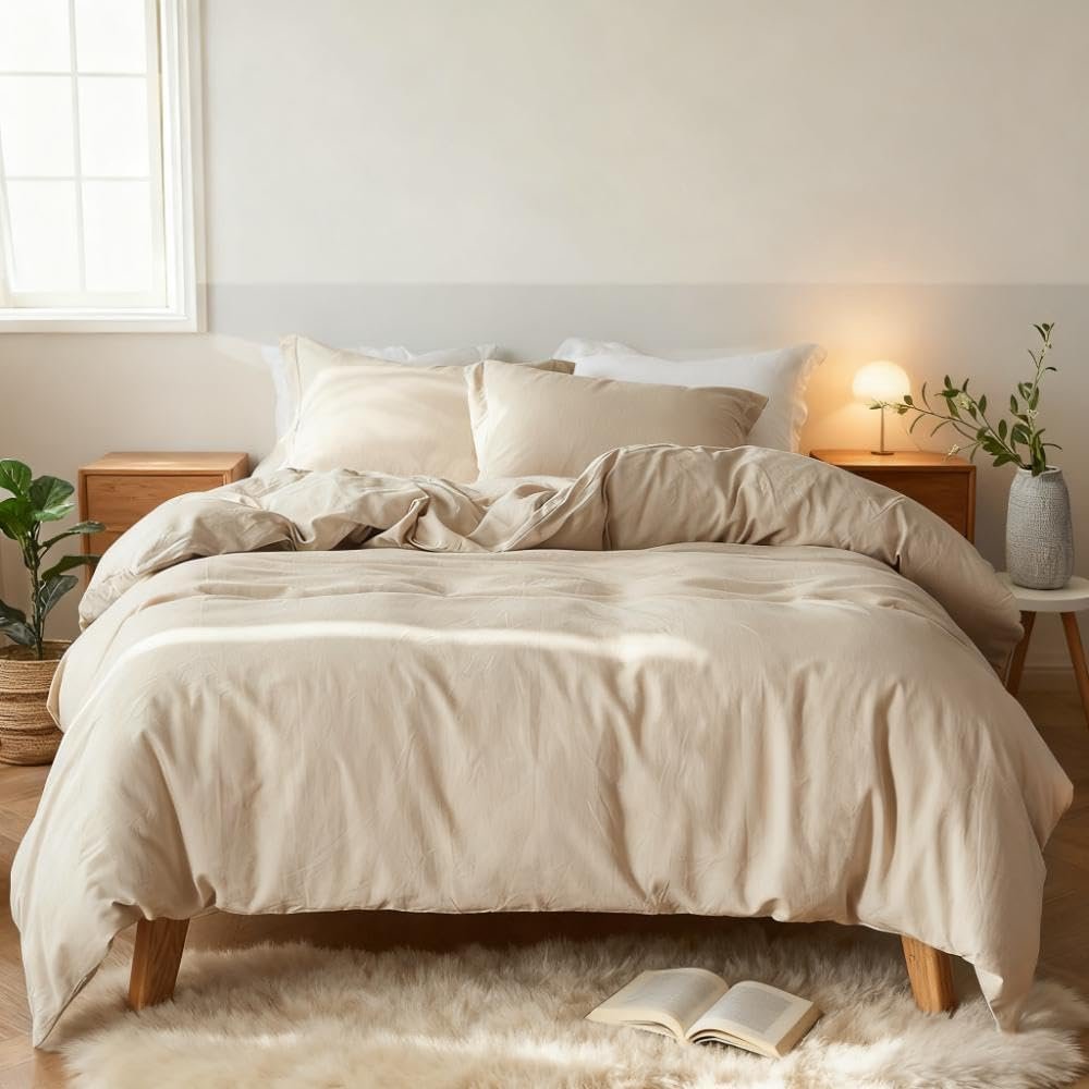 Simple&Opulence French Linen Duvet Cover Set 88″ x 92″- 3 Pieces (1 Comforter Cover,2 Pillowcases)- Natural Flax Cotton Blend-Solid Color Breathable Farmhouse Bedding- Linen/Beige, Queen