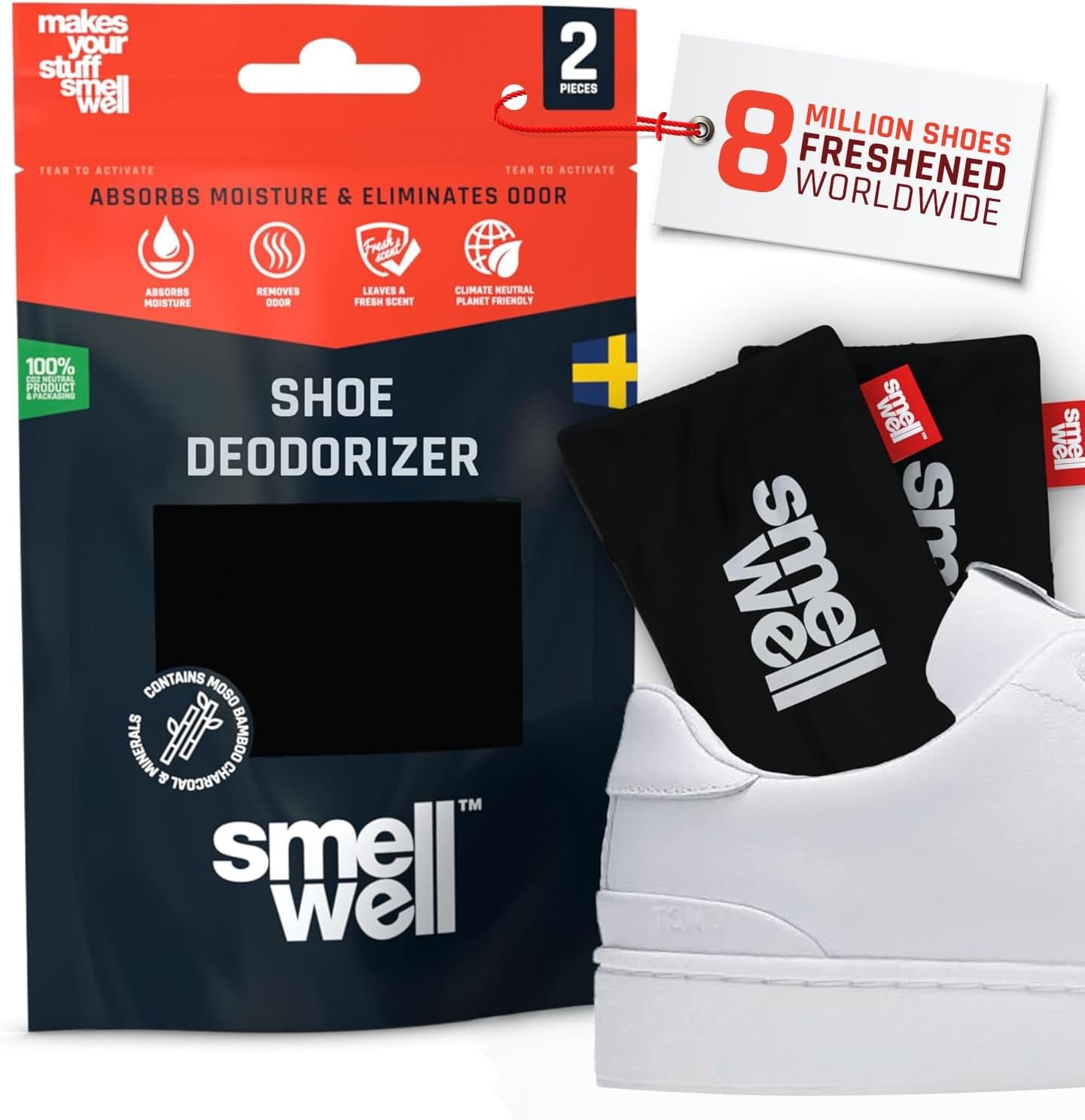 SmellWell – Scented Shoe Deodorizer Inserts – Odor Eliminators – Activated Bamboo Charcoal + Minerals – Natural Fresheners for shoes, bags, gloves – 2 x 1.8oz Original Size – Black Zebra