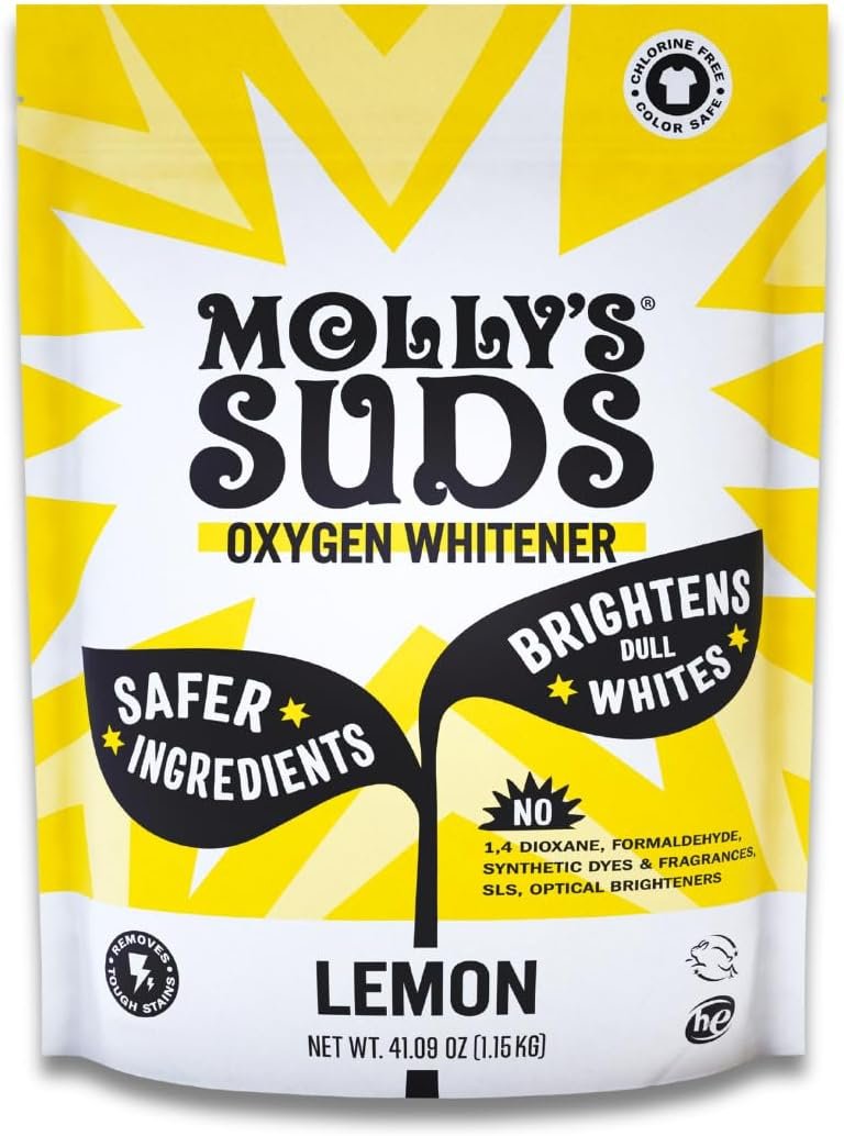 Molly’s Suds Oxygen Whitener | Powerful Bleach Alternative, Chlorine Free & Color Safe | Brightens Whites and Removes Stains (Lemon Essential Oil – 41.09 oz)