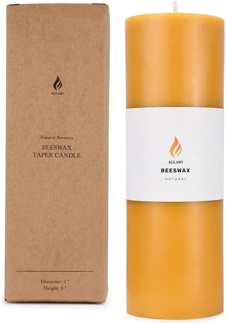 3×9 Pure Beeswax Pillar Candle, Natural Raw, Cotton Wick, Ultra Long Burn