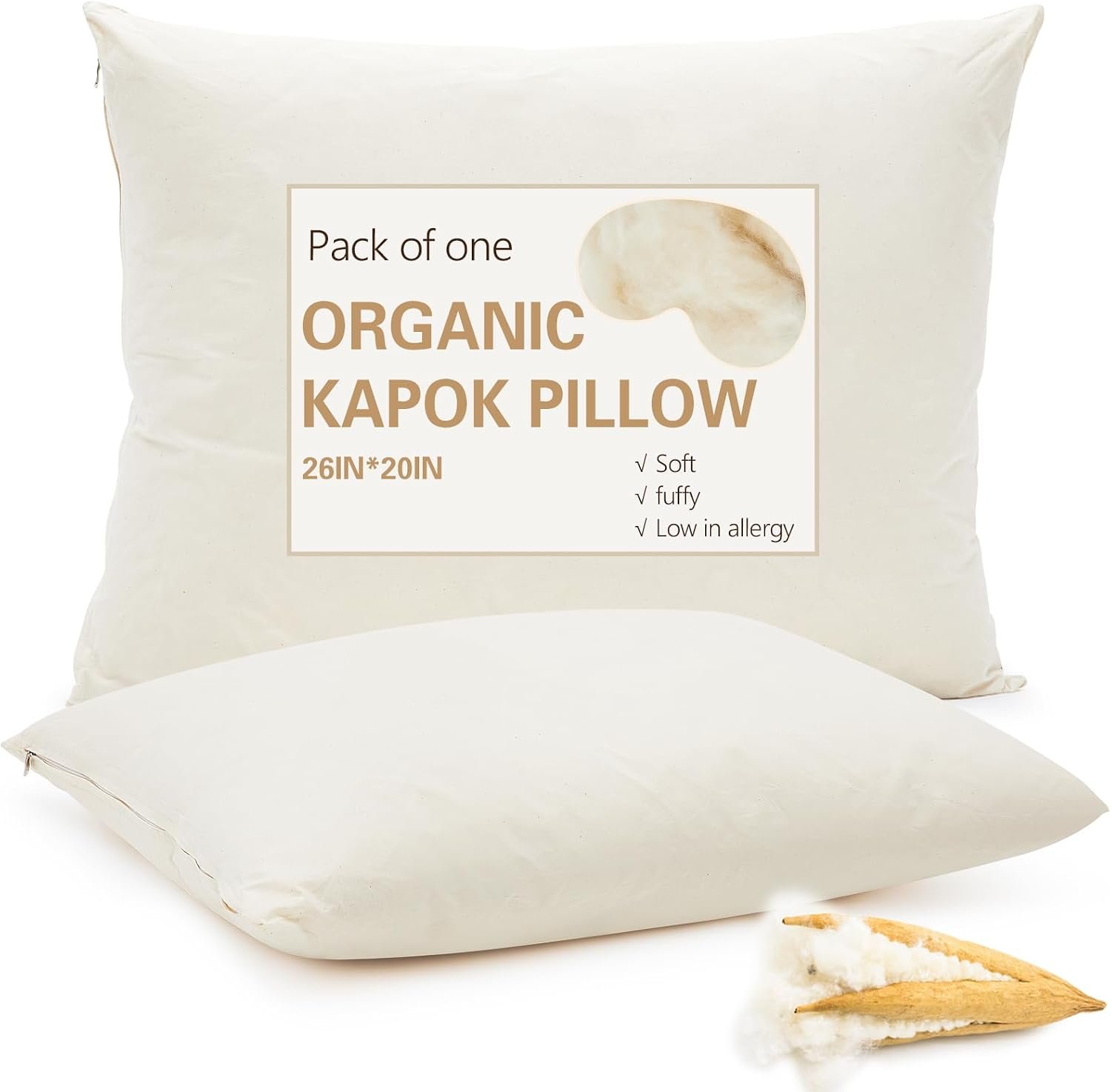 Leinuosen 1 Pack Organic Kapok Pillow, Classic, 26″ X 20″
