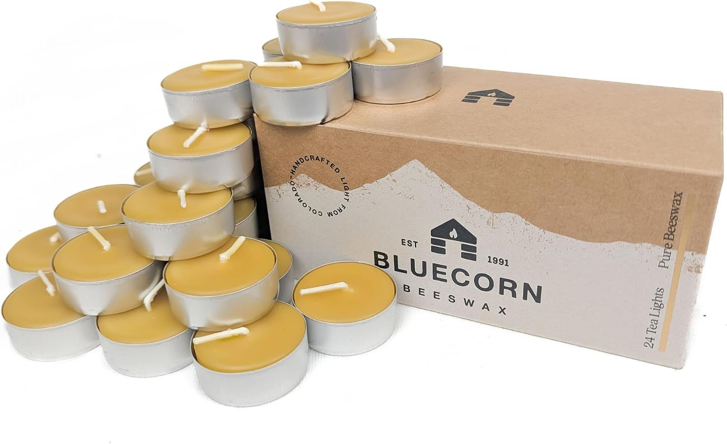 Bluecorn Beeswax Tea Light Candles, Raw Yellow, Metal Cups, 24 Pack