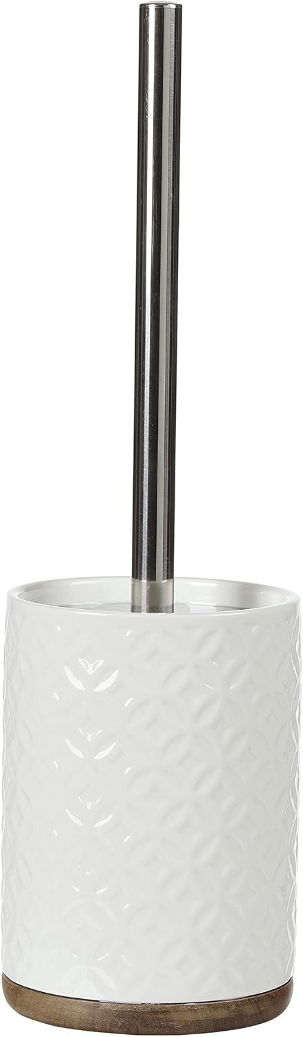 Bathroom Accessories Ceramic Toilet Brush Set – Toilet Bowl Brush and Holder with Wooden Base (White and Beige)