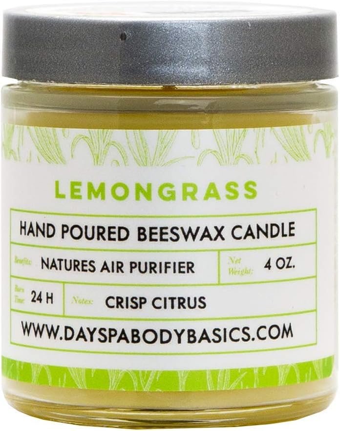 Lemongrass Hand-Poured Beeswax Candle – All-Natural Essential Oil Scented, Cotton Braided Wick, Chemical-Free, Smokeless, Cleans Air, Non-Toxic, Non-Polluting, Non-Allergenic, Handmade in USA