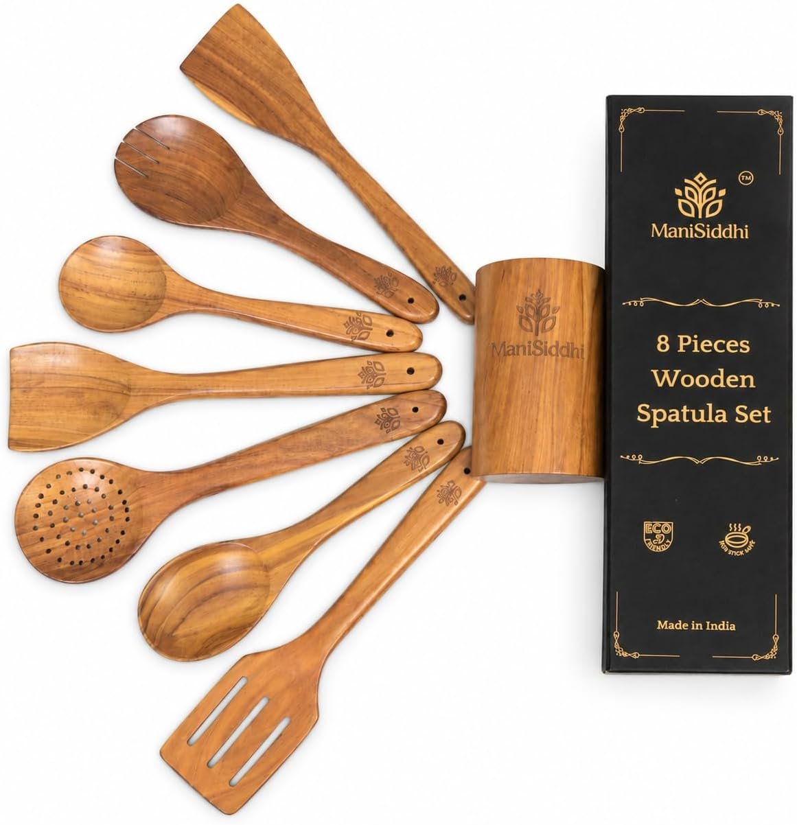 Wooden Spoons for Cooking – 8 Pcs Premium quality Teak Wood Kitchen Utensils Set