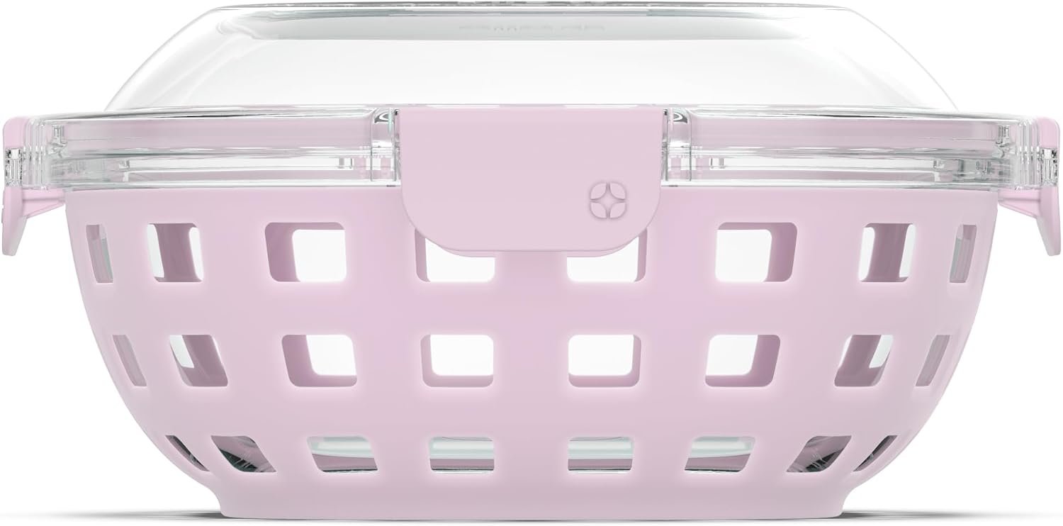 Ello DuraGlass Food Storage Glass Lunch Bowl Container – Meal Prep Container with Silicone Sleeve and Airtight Lid, 5 Cup, Cashmere Pink