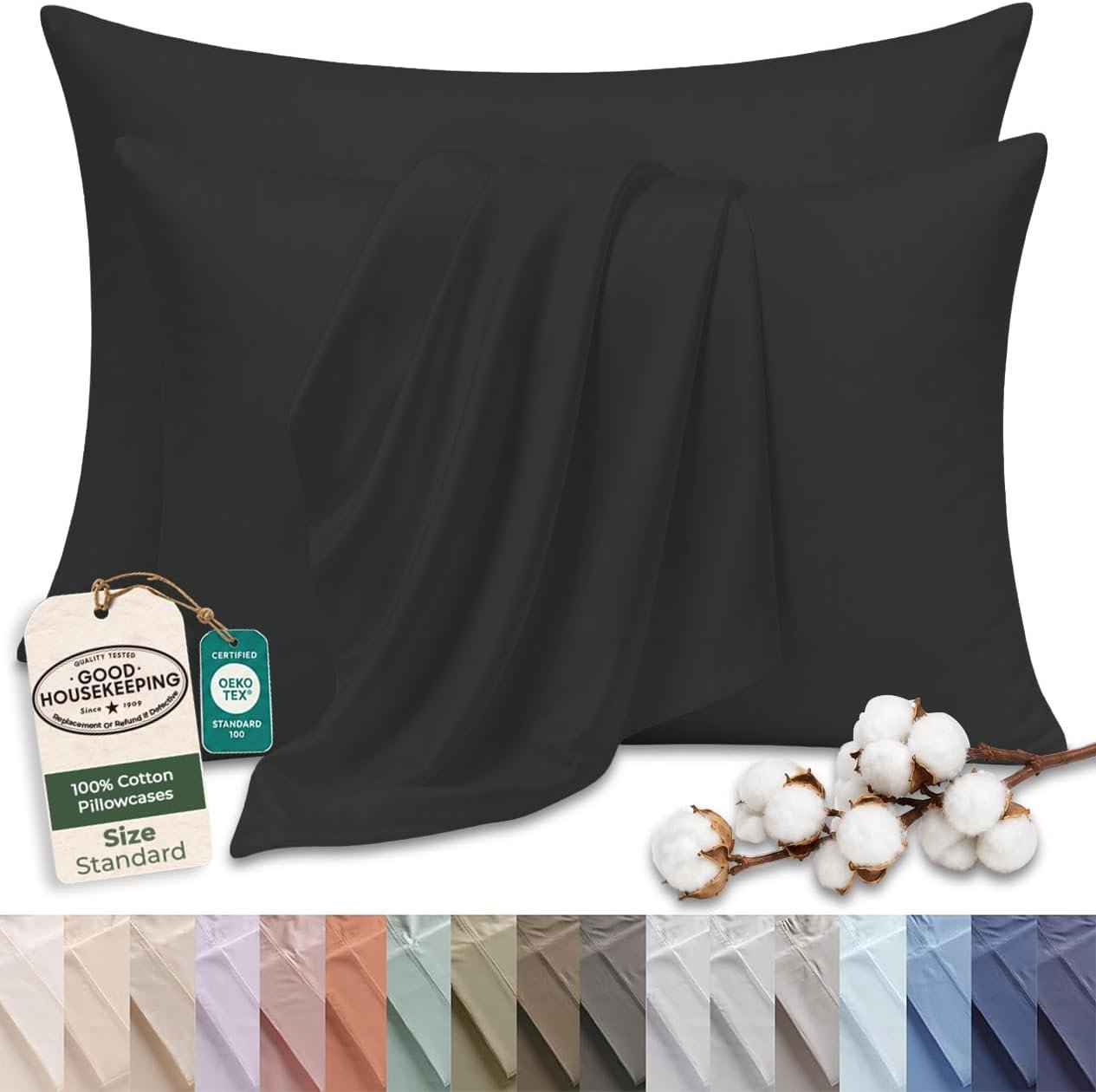 Royale Linens 100% Cotton Pillow Cases Standard Size Set of 2 – Percale Pillowcase – Black Pillow cases Super Soft Cooling & Breathable Hotel Cotton Pillowcases, Fits Standard Pillows (20″x26″, Black)