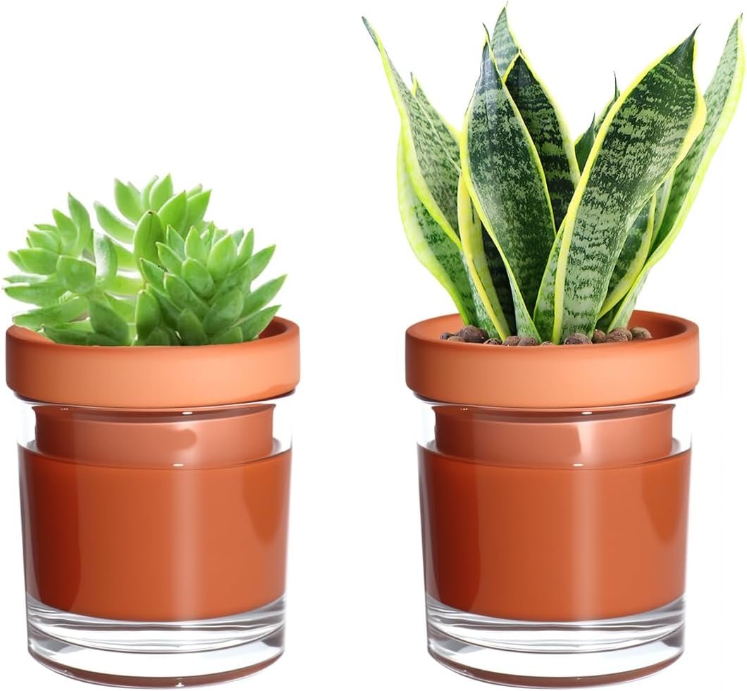 vensovo 4 Inch Self Watering Pots for Indoor Plants – Terracotta Self Watering Planters for Indoor Plants, Terra Cotta Plant Pots with Cylinder Glass Cup, Set of 2