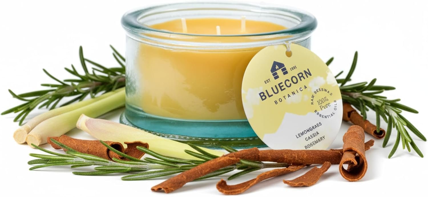 Bluecorn Botanica Beeswax 3-Wick Candle 10oz, Lemongrass, Cassia & Rosemary