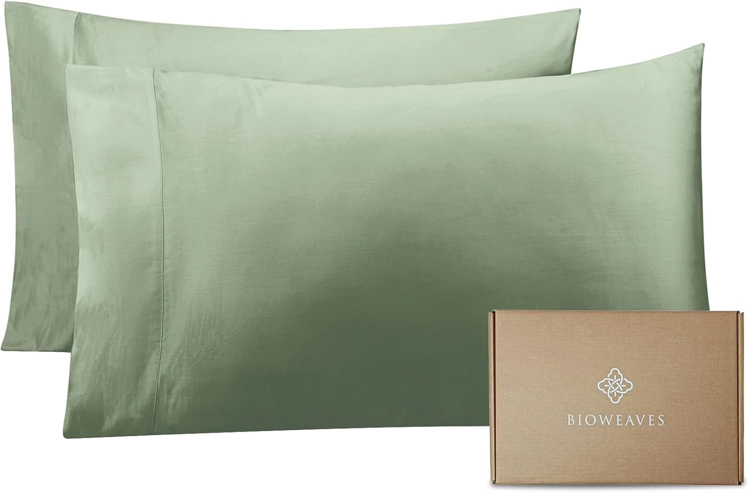 Bioweaves 100% Organic Cotton Pillow Cases 300 Thread Count Soft Sateen Weave GOTS Certified – Standard/Queen Size, Set of 2, Basil