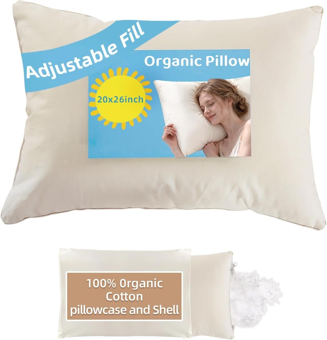 Organic Pillow 20×26 with Cotton Case, Adjustable for Side Sleepers
