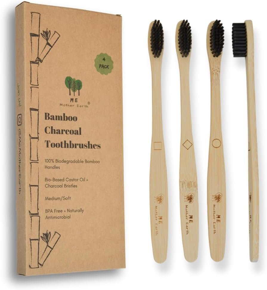 ME MOTHER EARTH Bamboo Handle Toothbrush, Charcoal Bristles, 4 Pack