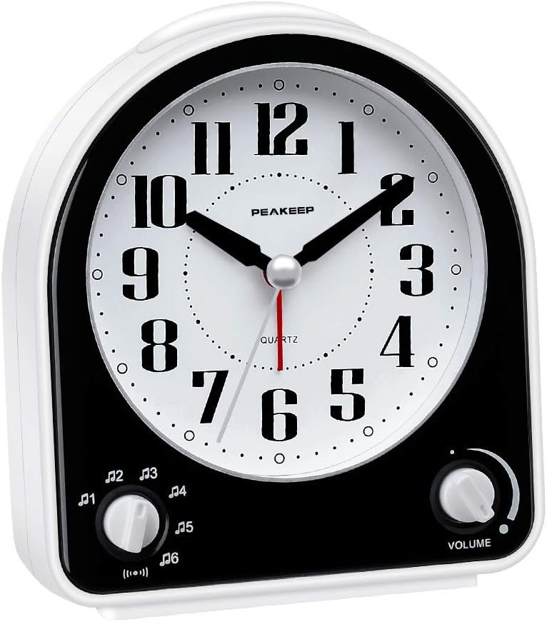 Peakeep Analog Alarm Clock Non-Ticking Silent, 7 Wake-up Sounds
