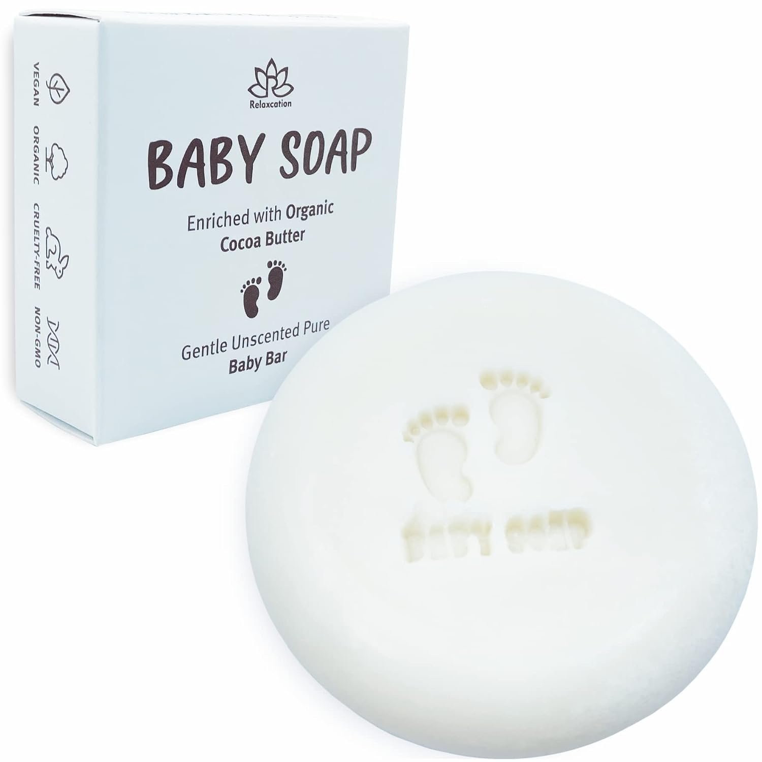 Relaxcation Unscented Pure Baby Soap Bar – 4 Simple Ingredients – ORGANIC Coconut Oil, Olive and Castor Oil, and Moisturizing Cocoa Butter – All Natural Cold Process Soap Bar For Newborn, Baby, Kids