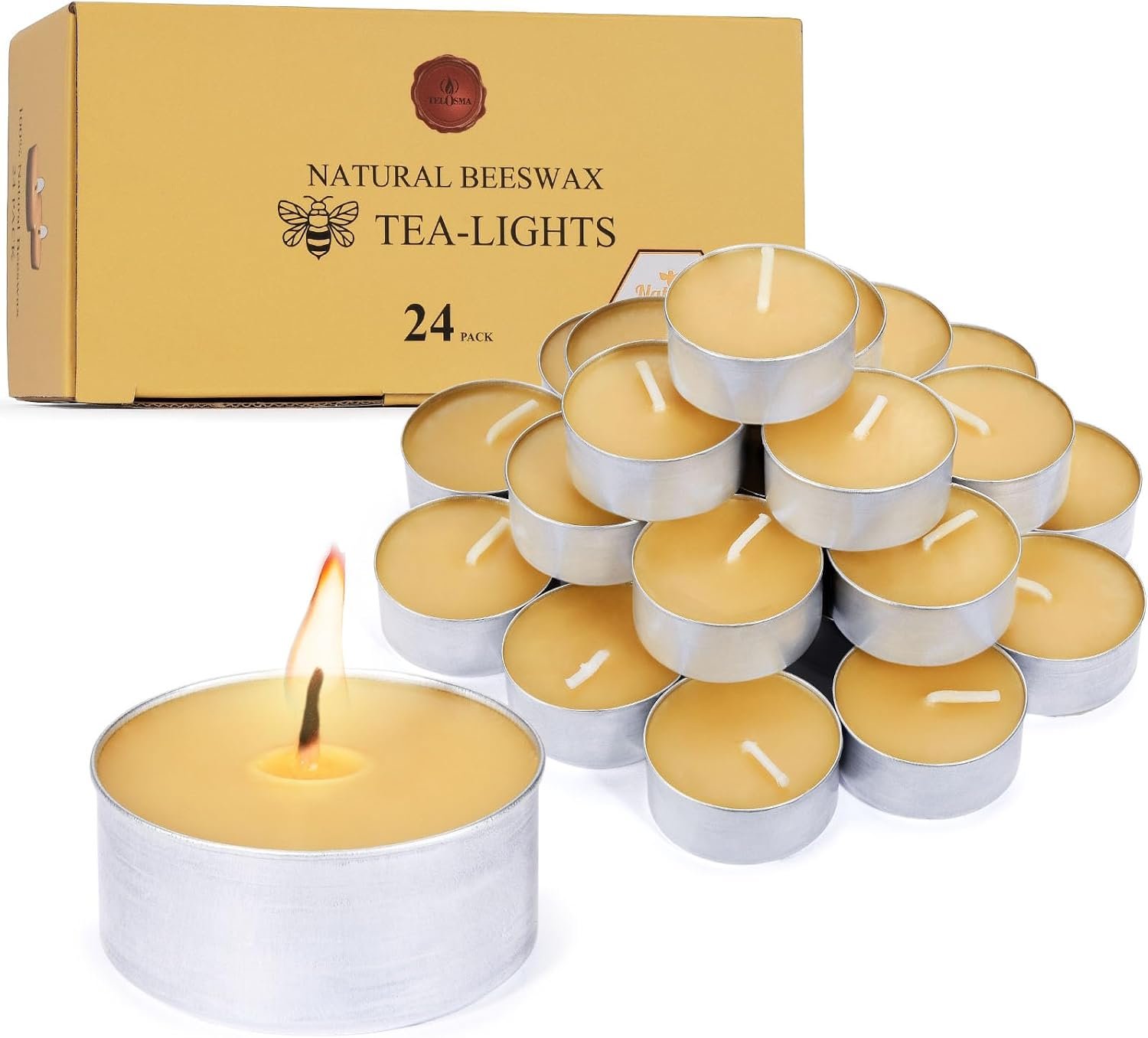 Natural Beeswax Tealight Candles in Metal Aluminum Cup, Yellow, Pack of 24