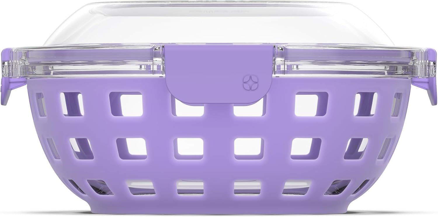 Ello DuraGlass Food Storage Glass Lunch Bowl Container – Meal Prep Container with Silicone Sleeve and Airtight Lid, 5 Cup, Lilac