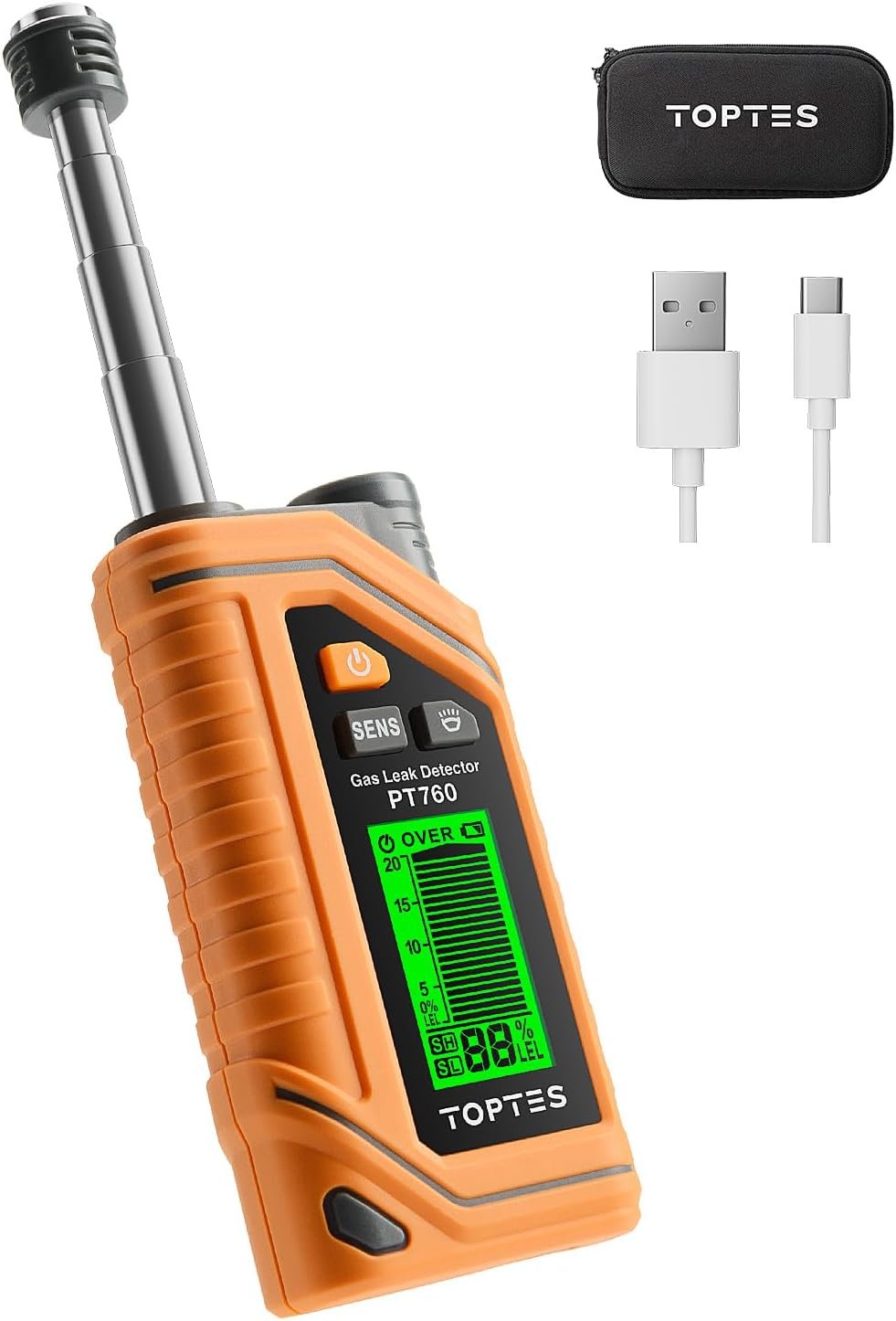 TopTes PT760 Rechargeable Natural Gas Detector, Gas Leak Detector with 12-inch Extendable Probe,%LEL Propane Leak Detection with Built-in Flashlight for Methane, Butane and More for Home, RV
