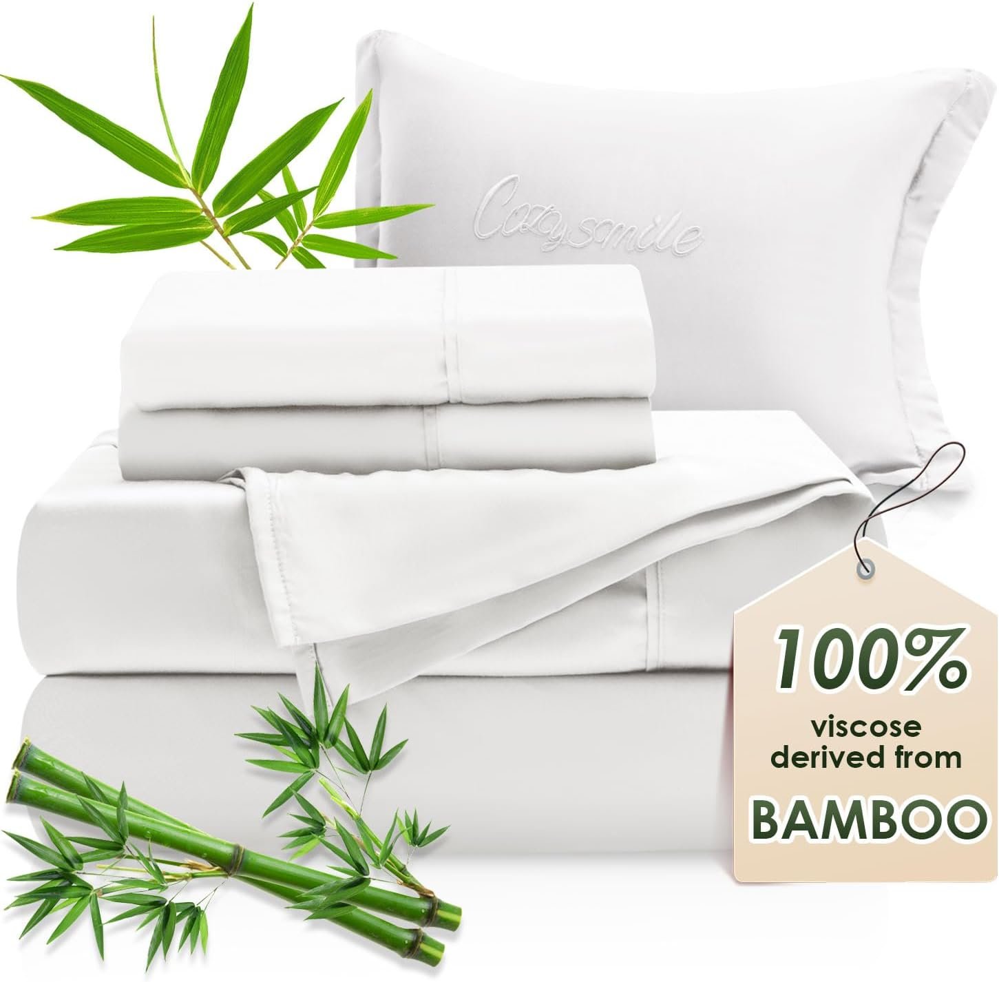 Bamboo Sheets Queen Sheets Set,100% Organic Viscose Derived from Bamboo Bed Sheet Set,Luxuriously Soft & Cooling,4 Pcs Bedding Set with Deep Pockets, Wrinkle Free,Double Stitched Seams(Queen, White)
